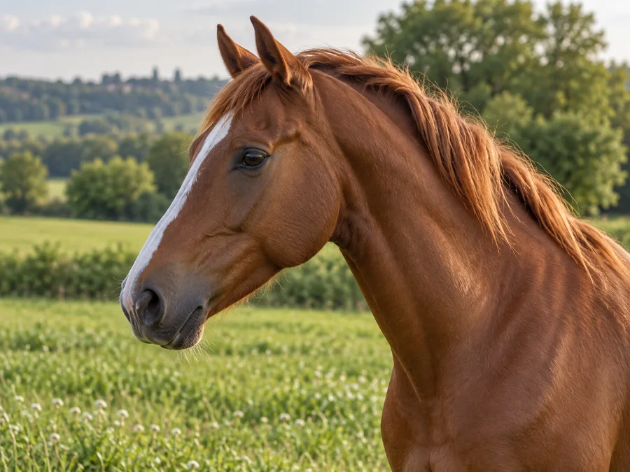 Cheval alezan dans une prairie